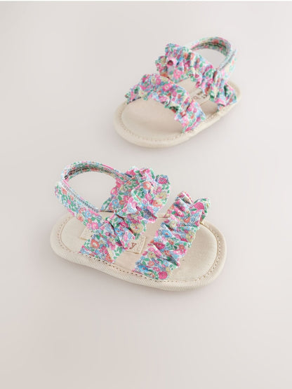 Pink Floral Baby Ruffle Sandals (0-24mths) - Size Up To 3 Months (50 - 62cm) - Pink Floral