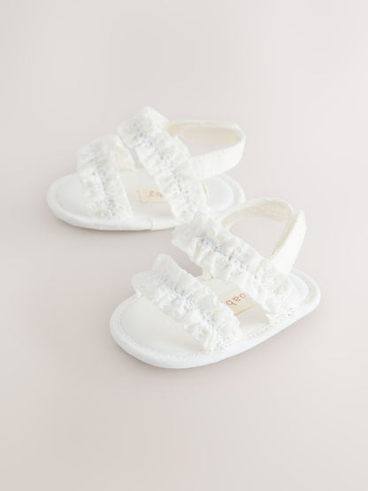 White Baby Ruffle Sandals (0-24mths) - Size Up To 3 Months (50 - 62cm)