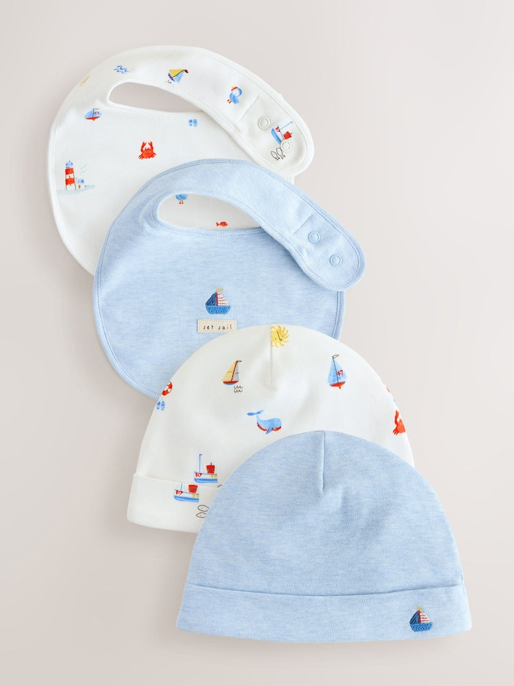 Blue Nautical Baby Hat and Bib Set (0-18mths) - Up to 1 Month (50-56cm)