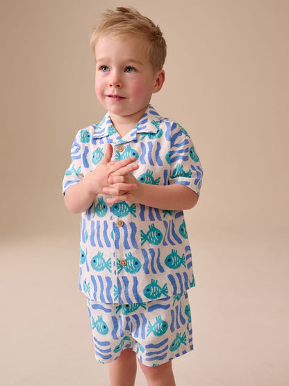 White/Blue Sea All Over Print Short Sleeve Revere Collar Shirt &amp; Shorts Set (3mths-10yrs) - White/Blue Sea All Over Print / 12-18 Months (80-86cm)