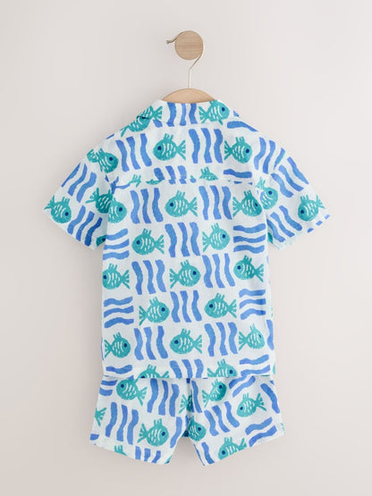 White/Blue Sea All Over Print Short Sleeve Revere Collar Shirt &amp; Shorts Set (3mths-10yrs)