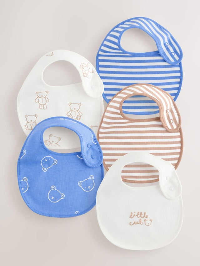 Blue/Ecru Bear Baby Bibs 5 Pack - Size One