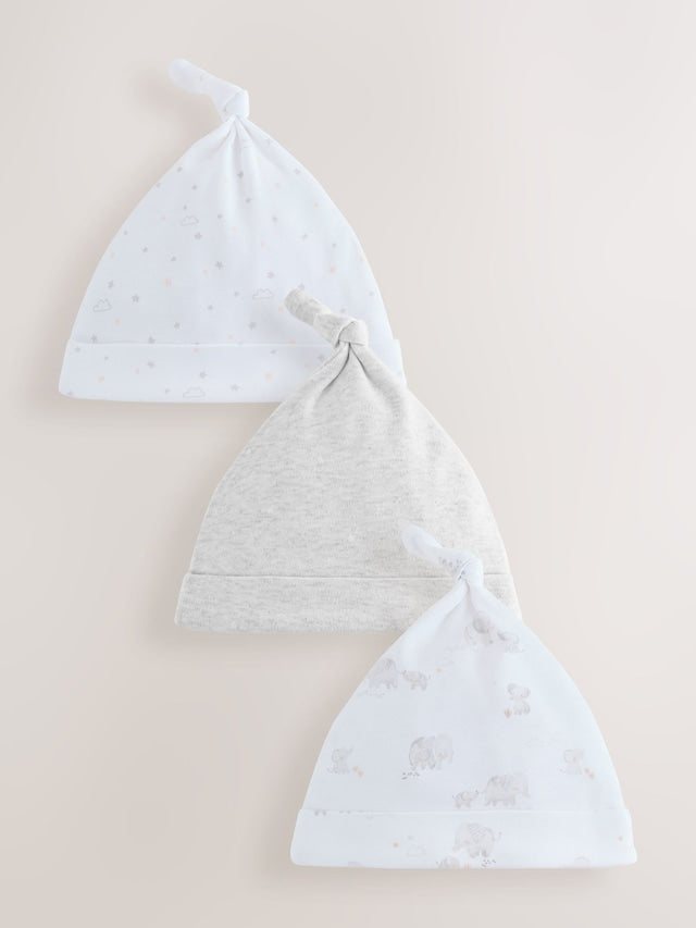 Grey Elephant Baby Tie Top Hats 3 Pack (0-12mths) - Size 44cm (5lb)