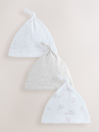 Grey Elephant Baby Tie Top Hats 3 Pack (0-12mths) - Size 44cm (5lb) - Default 1
