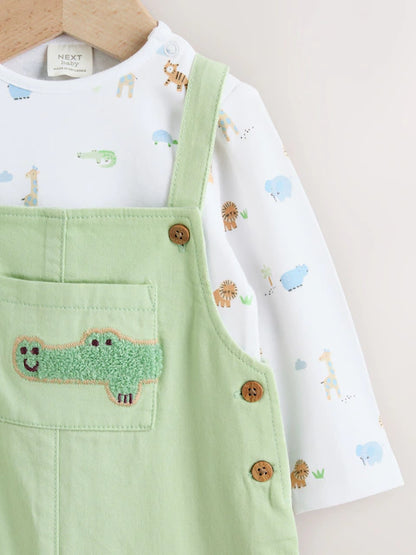 Green Safari Animal Baby Twill Dungarees and Bodysuit Set (0mths-2yrs)