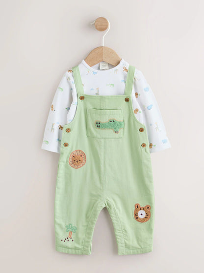 Green Safari Animal Baby Twill Dungarees and Bodysuit Set (0mths-2yrs)