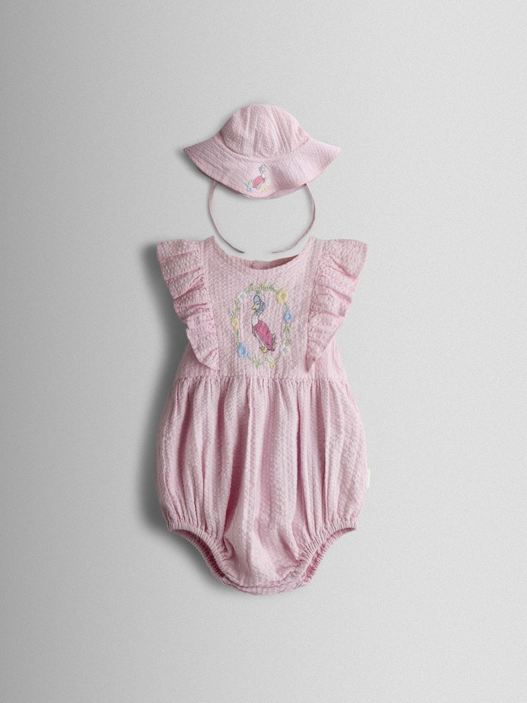 JoJo Maman Bébé Pink Jemima Puddle-Duck Embroidered Romper &amp; Hat Set - Size Up To 3 Months (50 - 62cm)