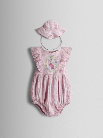JoJo Maman Bébé Pink Jemima Puddle-Duck Embroidered Romper &amp; Hat Set - Size Up To 3 Months (50 - 62cm)