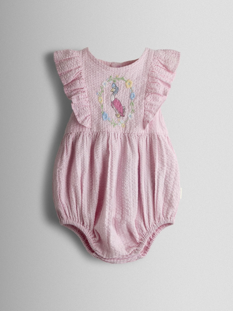 JoJo Maman Bébé Pink Jemima Puddle-Duck Embroidered Romper &amp; Hat Set - Size Up To 3 Months (50 - 62cm)
