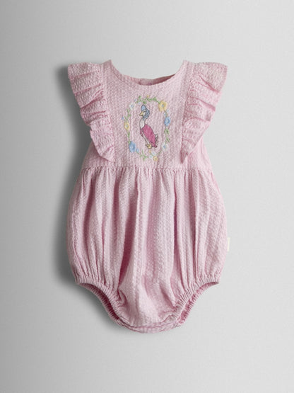 JoJo Maman Bébé Pink Jemima Puddle-Duck Embroidered Romper &amp; Hat Set - Size Up To 3 Months (50 - 62cm)