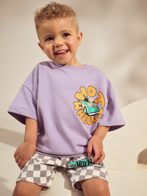 Lilac Purple Hot Wheels Check Short T-Shirt Set (9mths-8yrs) - Size 9-12 Months (74-80cm)
