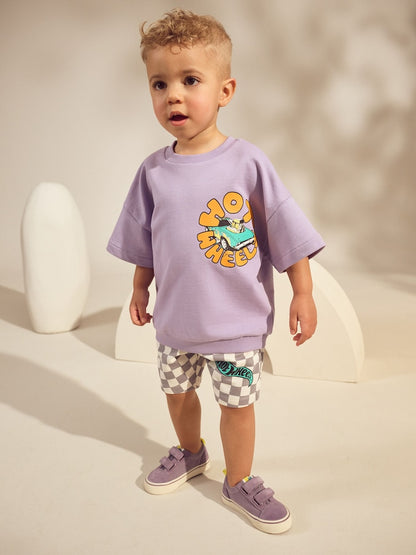 Lilac Purple Hot Wheels Check Short T-Shirt Set (9mths-8yrs) - Size 9-12 Months (74-80cm)