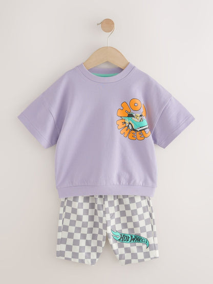 Lilac Purple Hot Wheels Check Short T-Shirt Set (9mths-8yrs) - Size 9-12 Months (74-80cm)