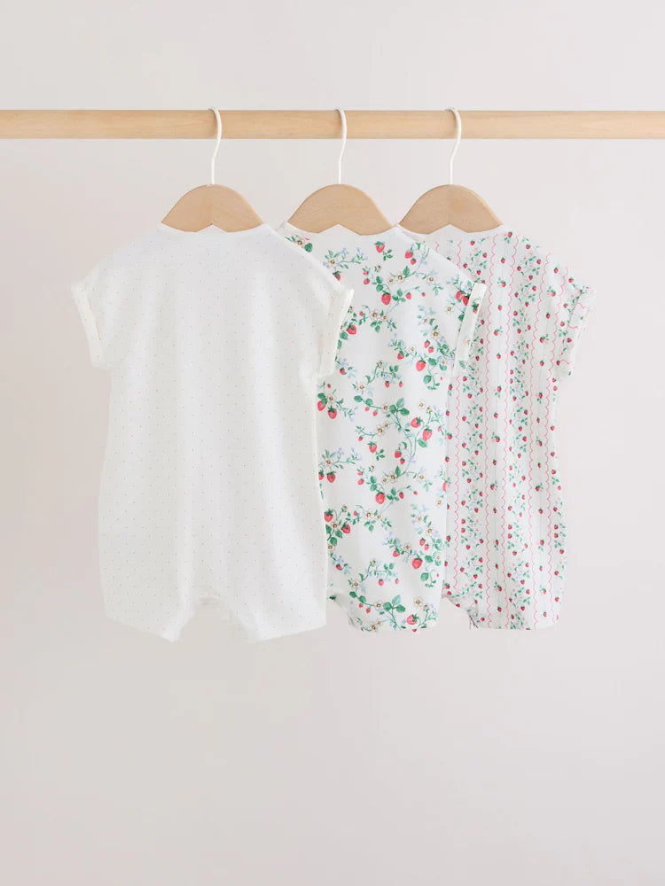 White Strawberry Printed Jersey Baby Rompers 3 Pack
