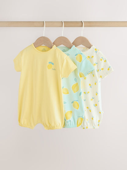 Blue and Yellow Lemon Printed Jersey Baby Rompers 3 Pack - Blue and Yellow Lemon Printed / 12-18 Months (80-86cm)