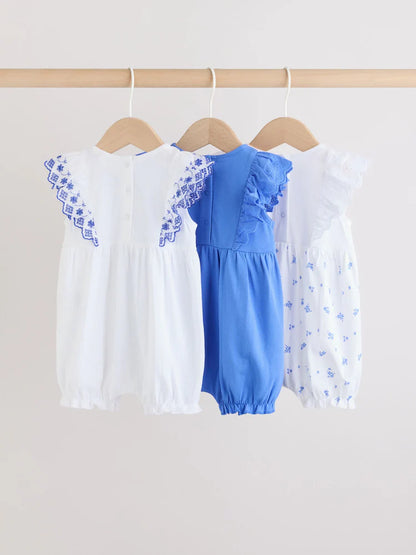 Blue Floral Broderie Broderie 3 Pack Baby Rompers