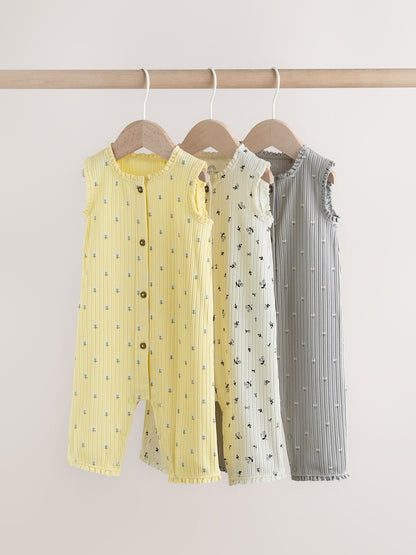 Monochrome Floral Rib Wide Leg Jersey Baby Rompers 3 Pack - Monochrome Floral Rib Wide Leg / 12-18 Months (80-86cm)