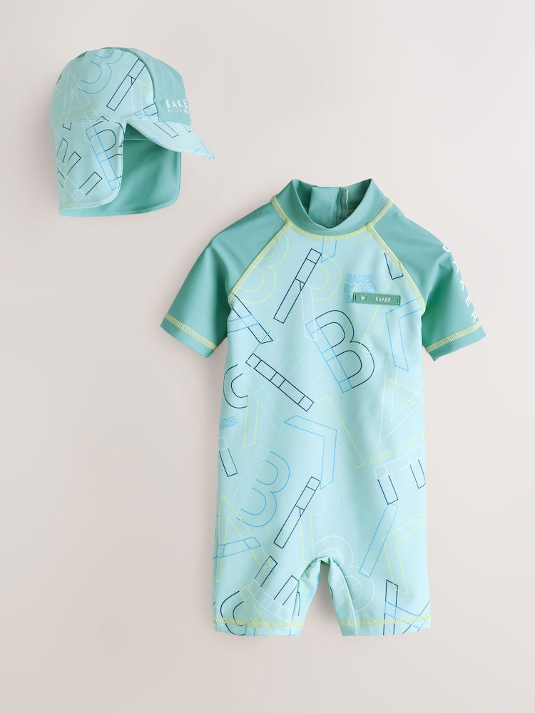 Baker by Ted Baker Blue Sunsafe All-In-One Swimsuit and Hat Set