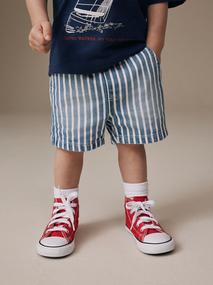 Blue/White Stripe Pull On Loose Denim Shorts (3mths-7yrs) - Blue/White Stripe Pull On Loose Denim / 12-18 Months (80-86cm)