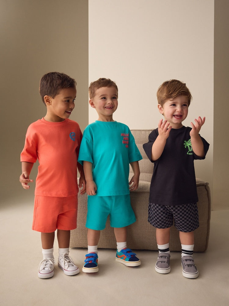 Coral/Aqua/Black Slogan Short Sleeve T-Shirt and Shorts Set 3 Pack (3mths-7yrs) - Coral/Aqua/Black Slogan / 12-18 Months (80-86cm)