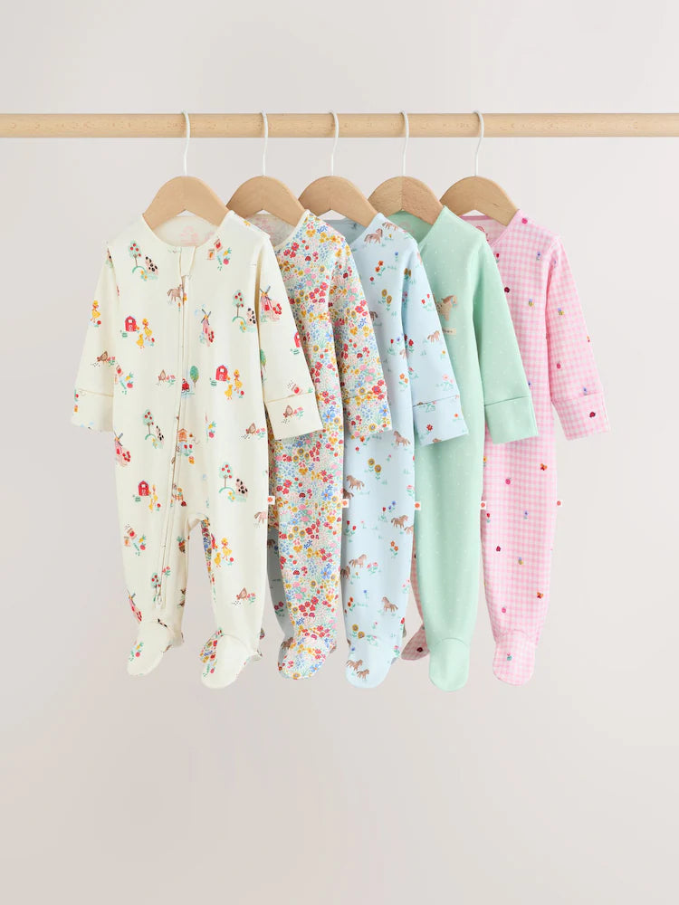 Pink/Green Two Way Zip Baby Sleepsuits 5 Pack (0mths-2yrs)