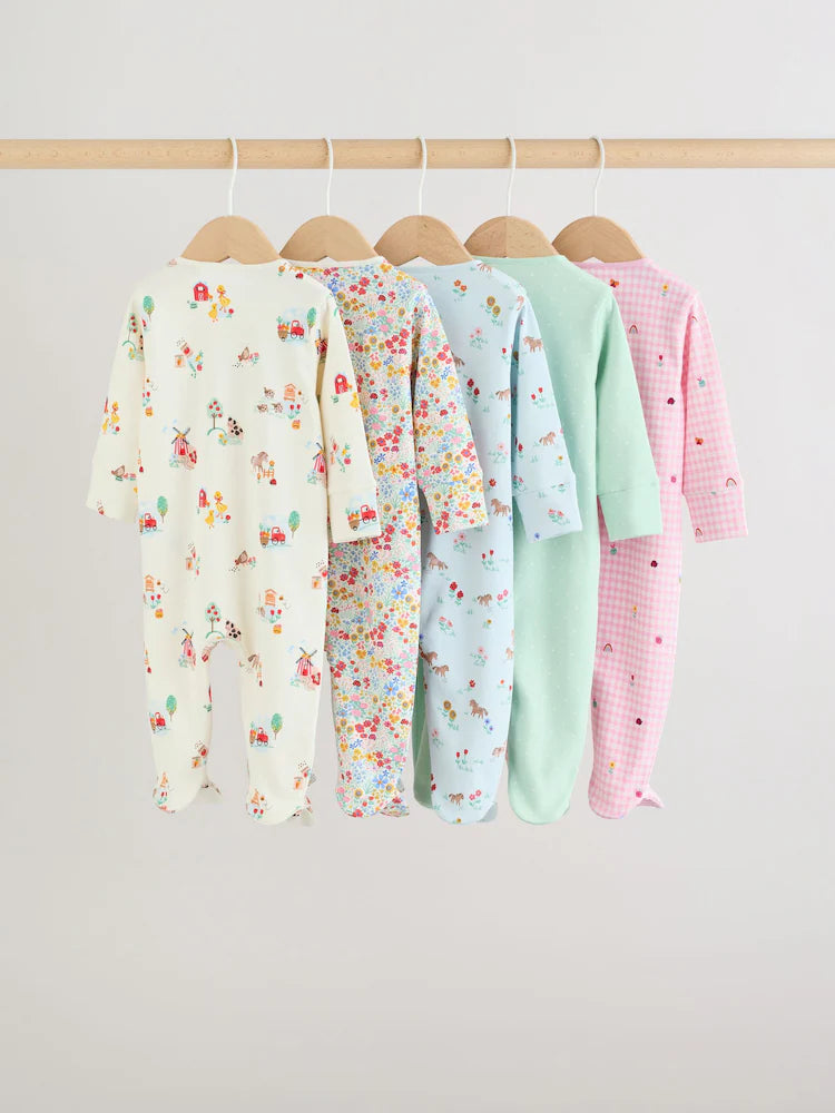 Pink/Green Two Way Zip Baby Sleepsuits 5 Pack (0mths-2yrs)
