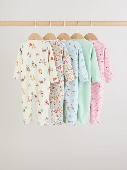 Pink/Green Two Way Zip Baby Sleepsuits 5 Pack (0mths-2yrs)