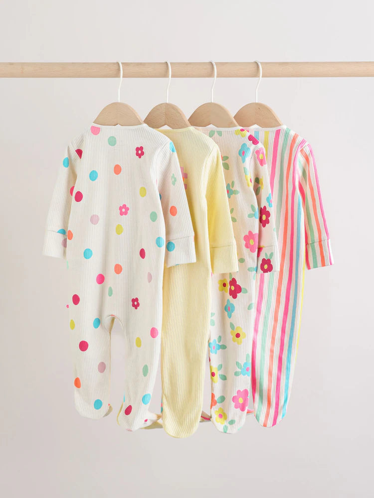 Yellow Two Way Zip Baby Sleepsuits 4 Pack (0mths-2yrs)