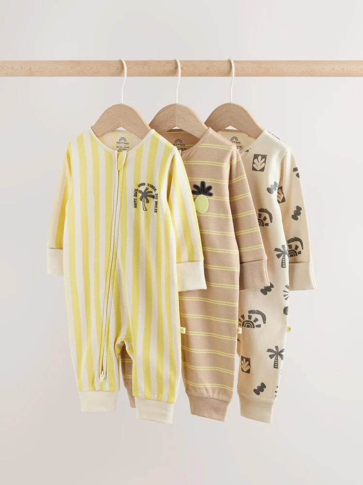 Multi Palm Two Way Zip Baby Sleepsuits 3 Pack (0mths-3yrs)