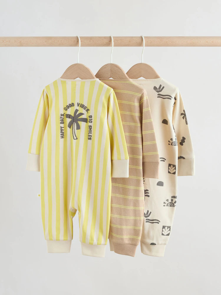 Multi Palm Two Way Zip Baby Sleepsuits 3 Pack (0mths-3yrs)