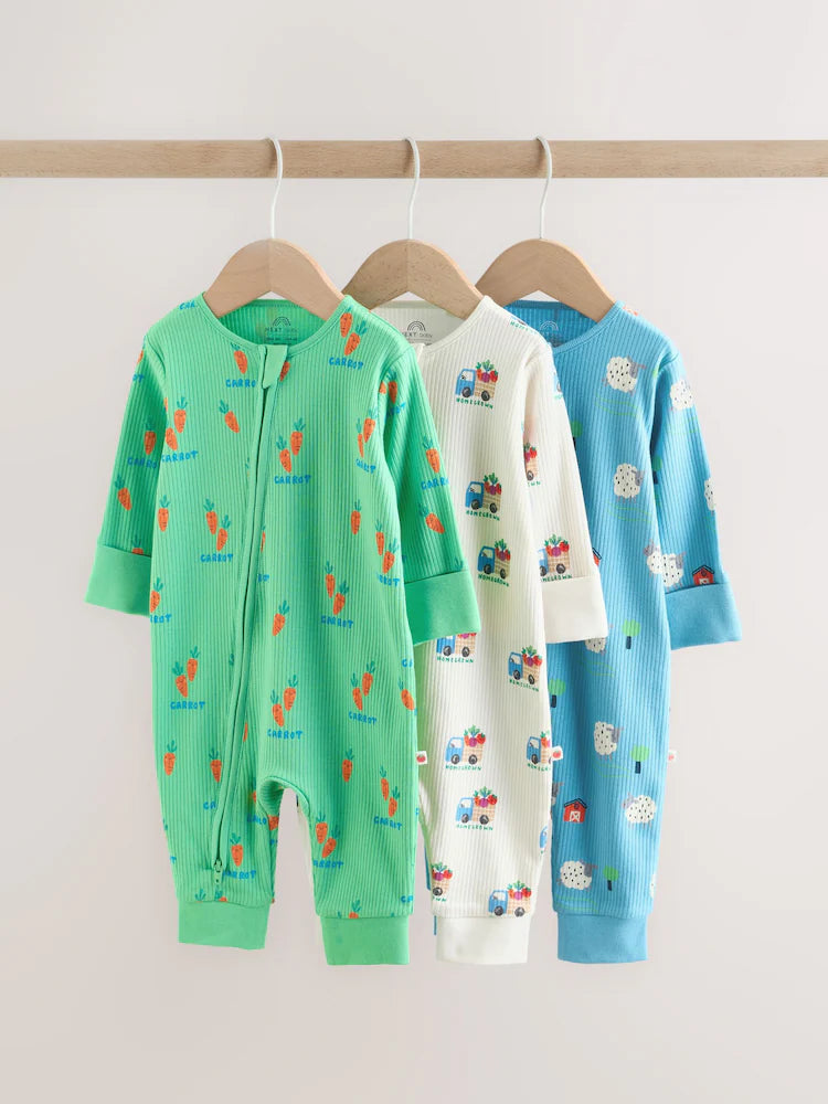 Blue/Green Two Way Zip Baby Sleepsuit 3 Pack (0mths-3yrs)