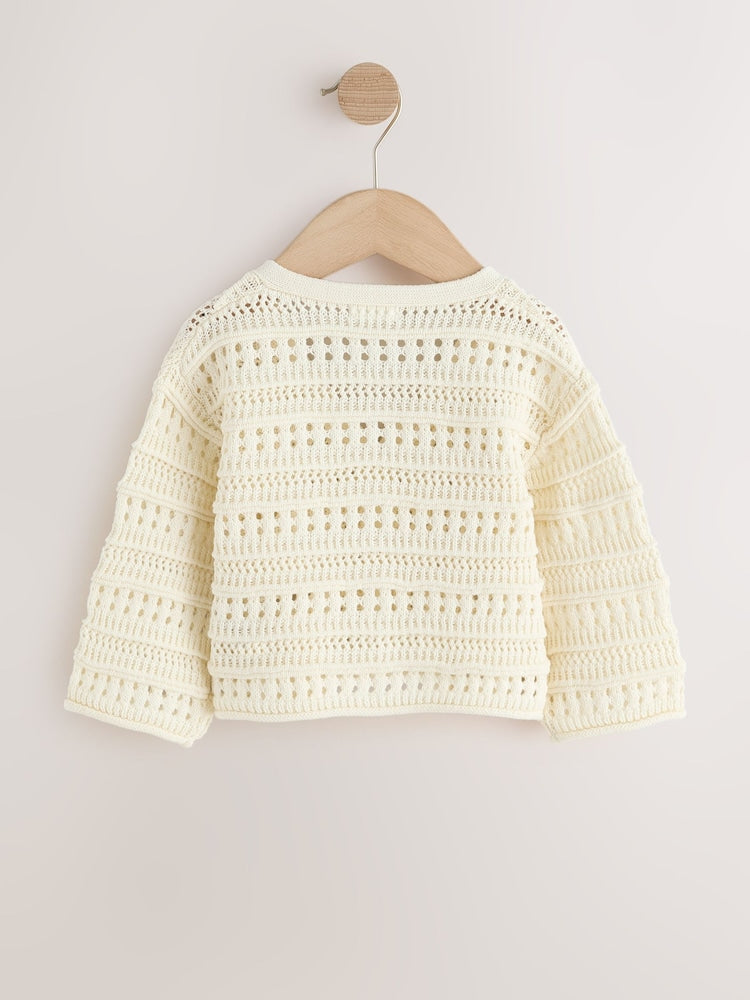 Ecru V-Neck Crochet Cardigan (3mths-7yrs) - Size 3-6 Months (62-68cm)