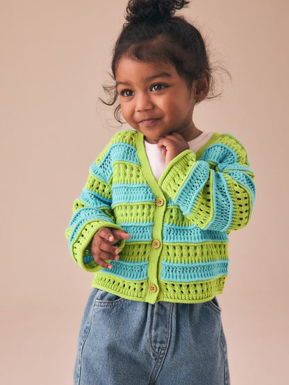Green/Blue V-Neck Crochet Cardigan (3mths-7yrs) - Size 3-6 Months (62-68cm) - Green/Blue