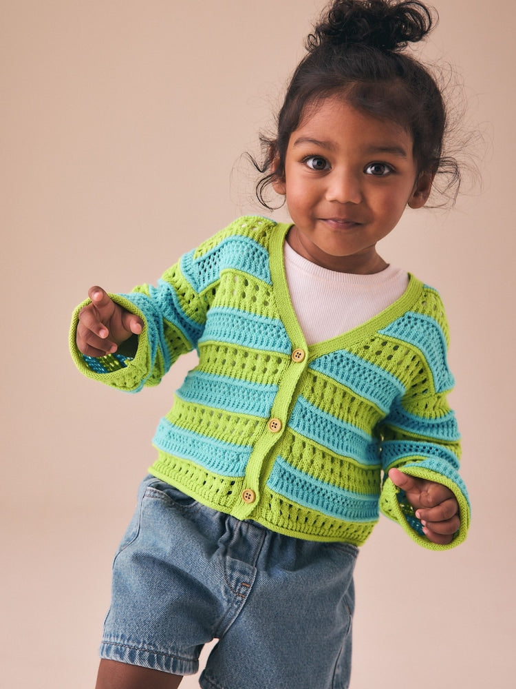 Green/Blue V-Neck Crochet Cardigan (3mths-7yrs) - Size 3-6 Months (62-68cm)