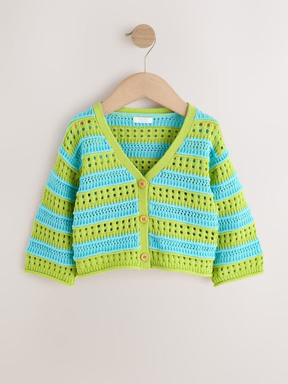Green/Blue V-Neck Crochet Cardigan (3mths-7yrs) - Size 3-6 Months (62-68cm)