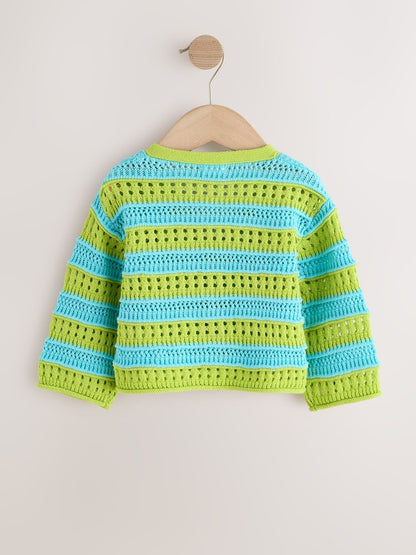 Green/Blue V-Neck Crochet Cardigan (3mths-7yrs) - Size 3-6 Months (62-68cm)
