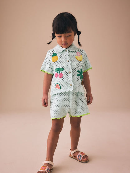 Blue Crochet Embroidered Knitted Shorts Set (3mths-7yrs) - Size 3-6 Months (62-68cm)