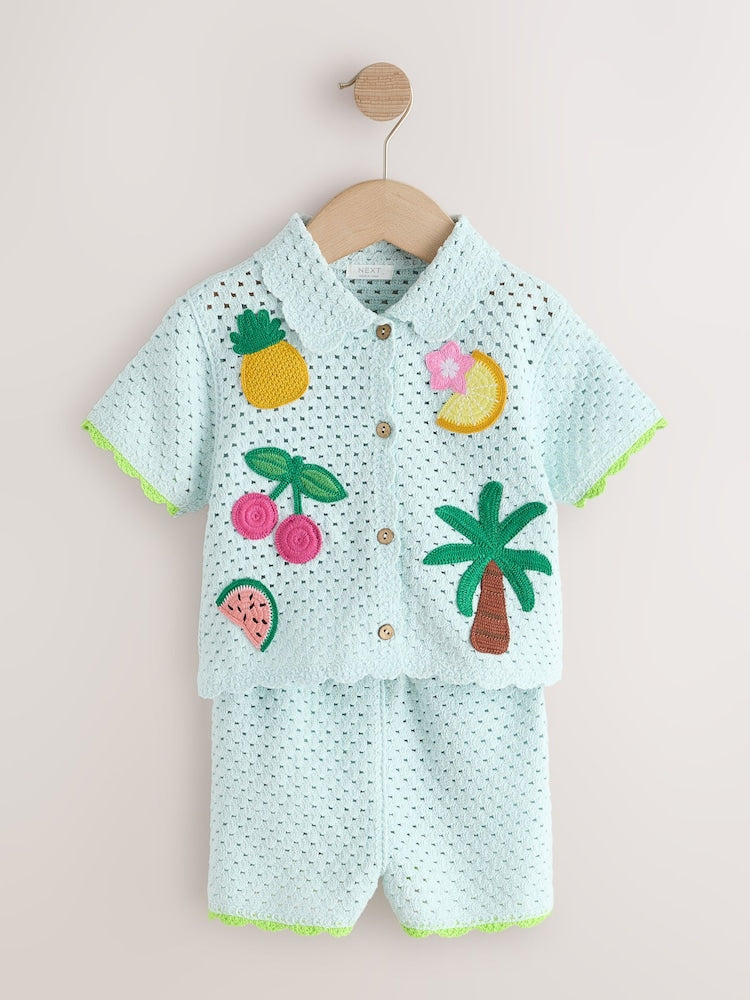 Blue Crochet Embroidered Knitted Shorts Set (3mths-7yrs) - Size 3-6 Months (62-68cm)