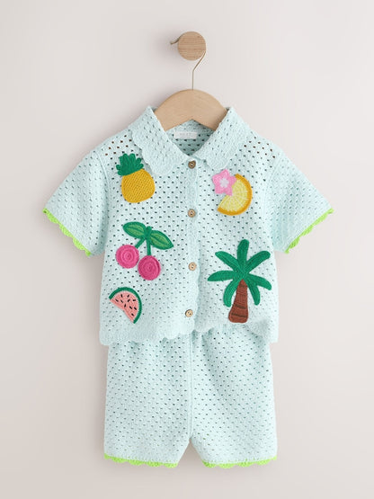Blue Crochet Embroidered Knitted Shorts Set (3mths-7yrs) - Size 3-6 Months (62-68cm)