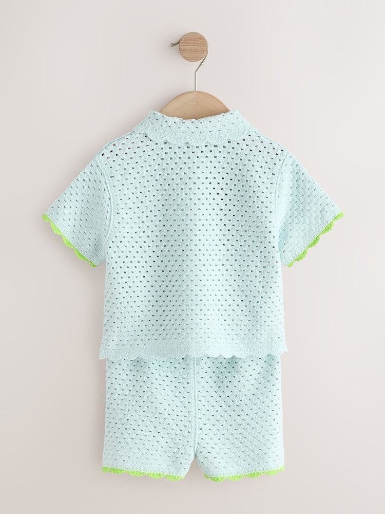 Blue Crochet Embroidered Knitted Shorts Set (3mths-7yrs) - Size 3-6 Months (62-68cm)