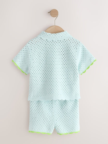 Blue Crochet Embroidered Knitted Shorts Set (3mths-7yrs) - Size 3-6 Months (62-68cm)