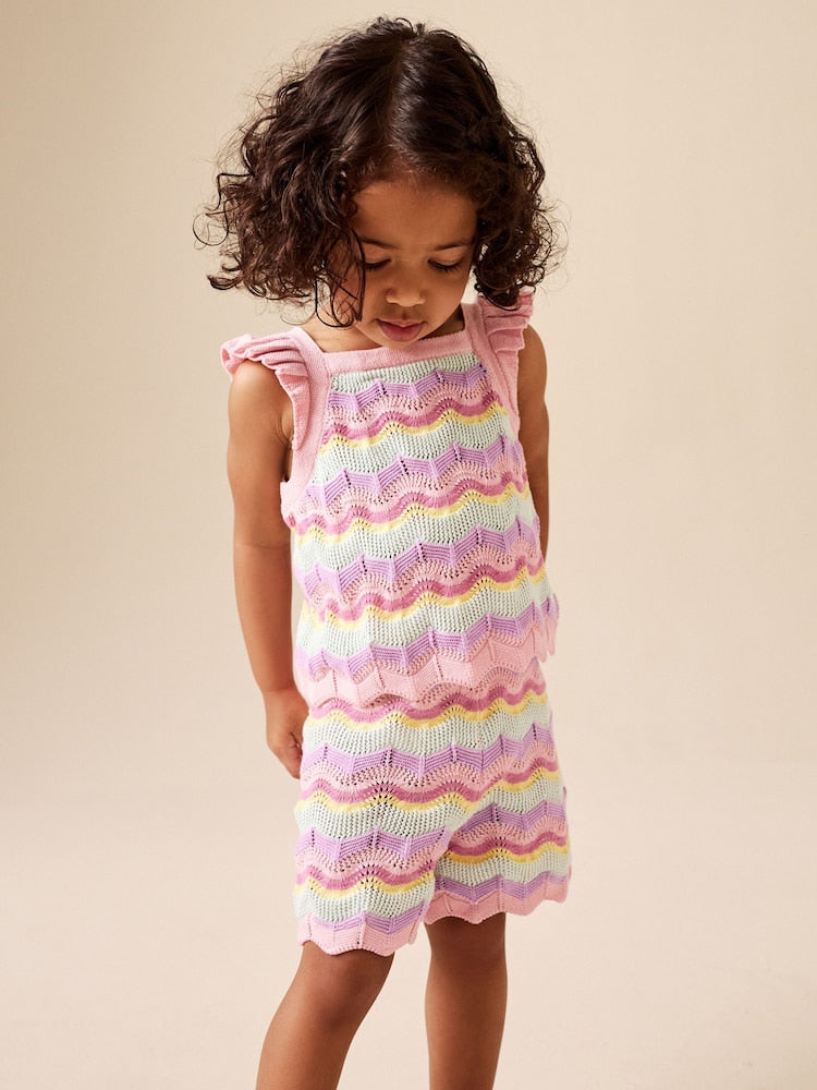 Pink Stripe Knitted Top And Shorts Set (3mths-7yrs) - Pink Stripe / 12-18 Months (80-86cm)
