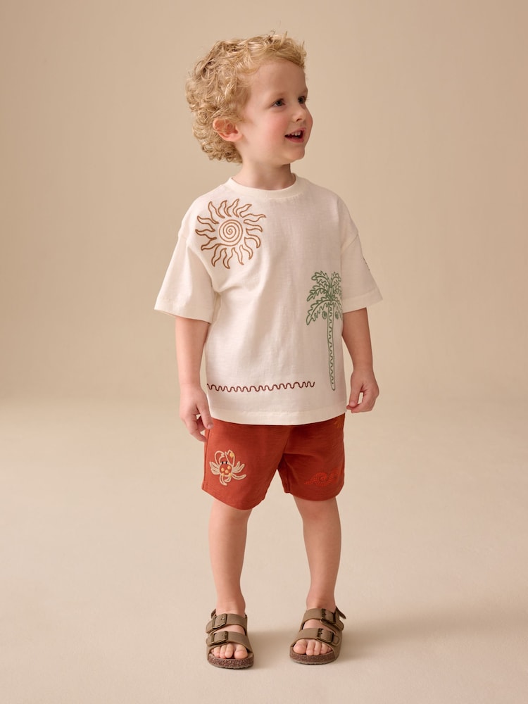 Ecru Palms Embroidery Short Sleeve T-Shirt and Shorts Set (3mths-7yrs)