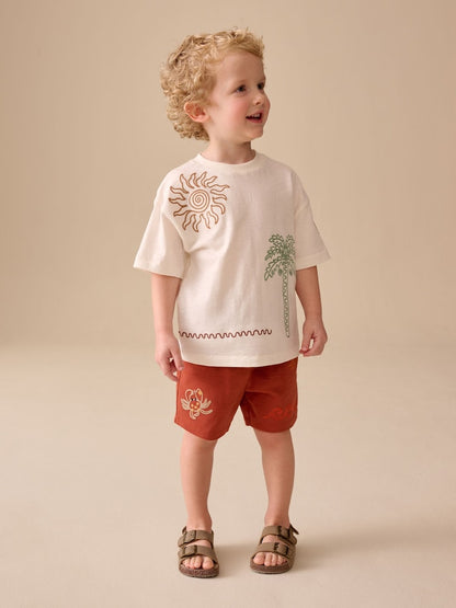 Ecru Palms Embroidery Short Sleeve T-Shirt and Shorts Set (3mths-7yrs) - Size 3-6 Months (62-68cm) - Ecru Palms Embroidery