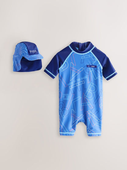 Baker by Ted Baker Blue Sunsafe All-In-One Swimsuit and Hat Set