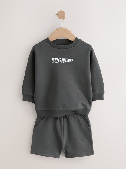 Charcoal Grey and Blue Crew Neck Sweatshirt and Shorts 2 Pack Set (3mths-7yrs)