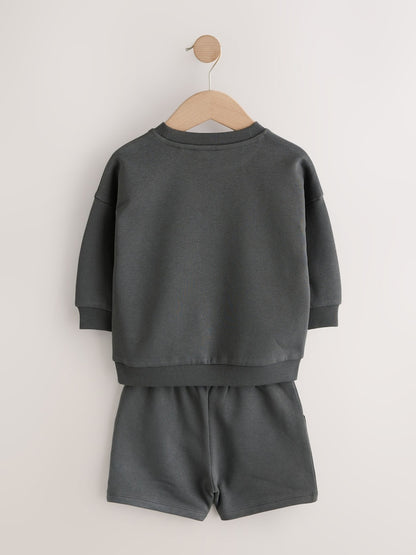 Charcoal Grey and Blue Crew Neck Sweatshirt and Shorts 2 Pack Set (3mths-7yrs)