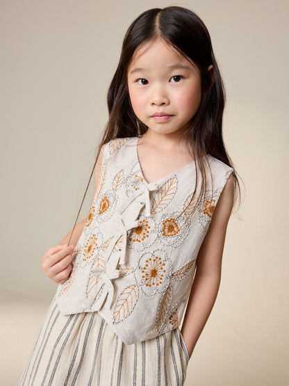 Neutral Embroidered Waistcoat and Wide Leg Trousers Set (3-16yrs)