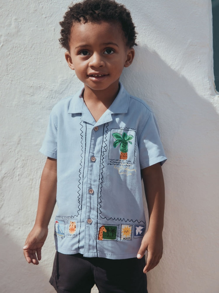 Blue Palm Print Short Sleeve Revere Collar Printed Shirt (3mths-7yrs)