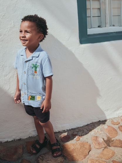 Blue Palm Print Short Sleeve Revere Collar Printed Shirt (3mths-7yrs)